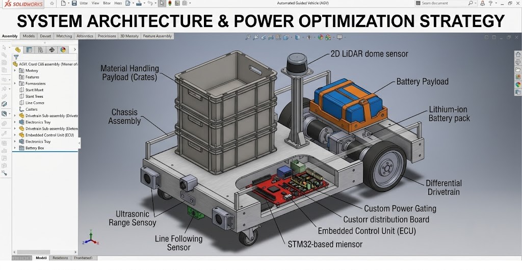 Complete 3D CAD assembly of the AGV, detailing the precise integration of the drivetrain, battery payload, and sensor mounts.