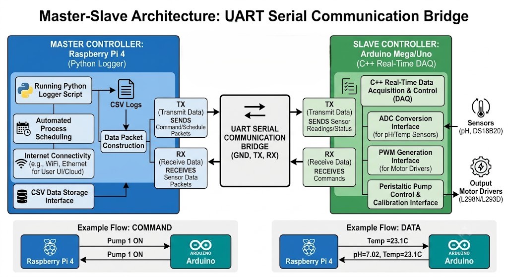 Block diagram detailing the UART serial communication bridge between the Raspberry Pi (Python logger) and the Arduino (C++ real-time DAQ).