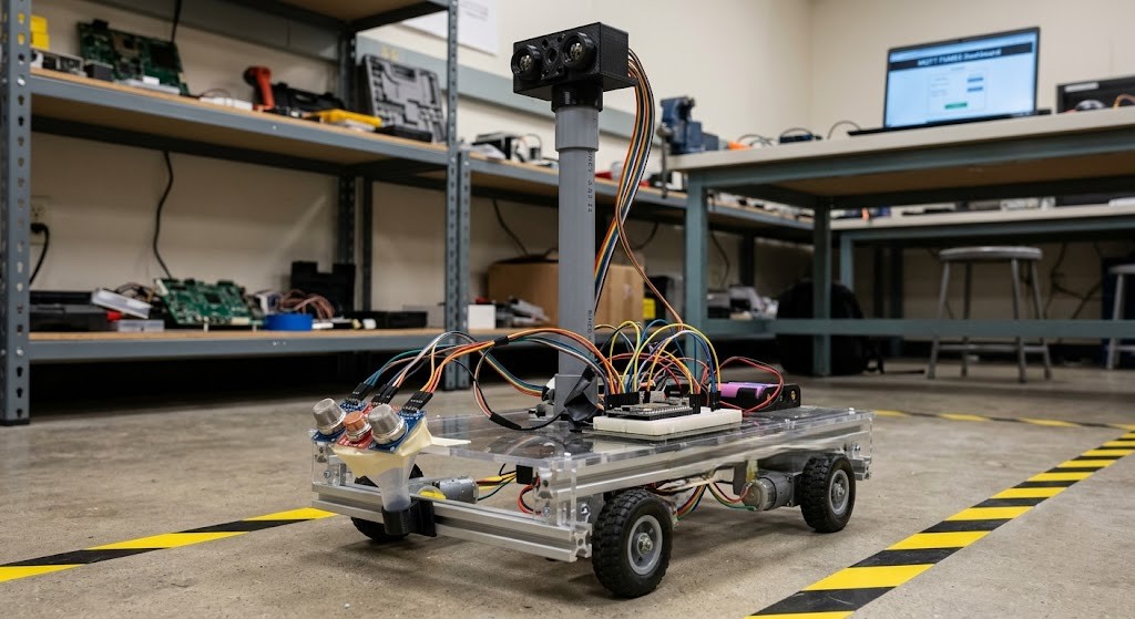 The FUMES autonomous mobile platform navigating a simulated facility environment, highlighting the elevated thermal camera and front-mounted gas sniffing intake.
