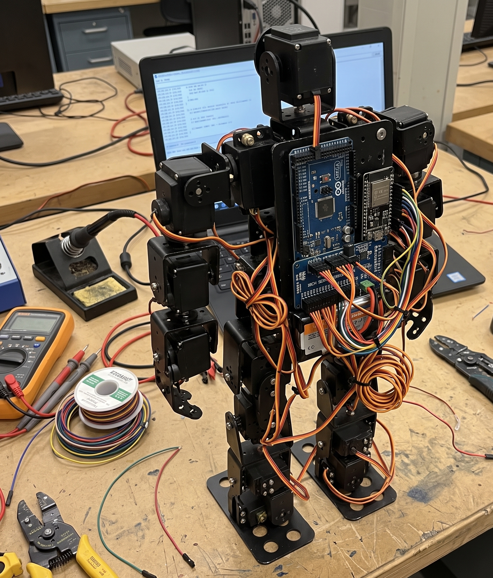 Fully assembled 17-DOF humanoid robot, highlighting the rigid aluminum framework and joint configuration for optimal bipedal balancing.