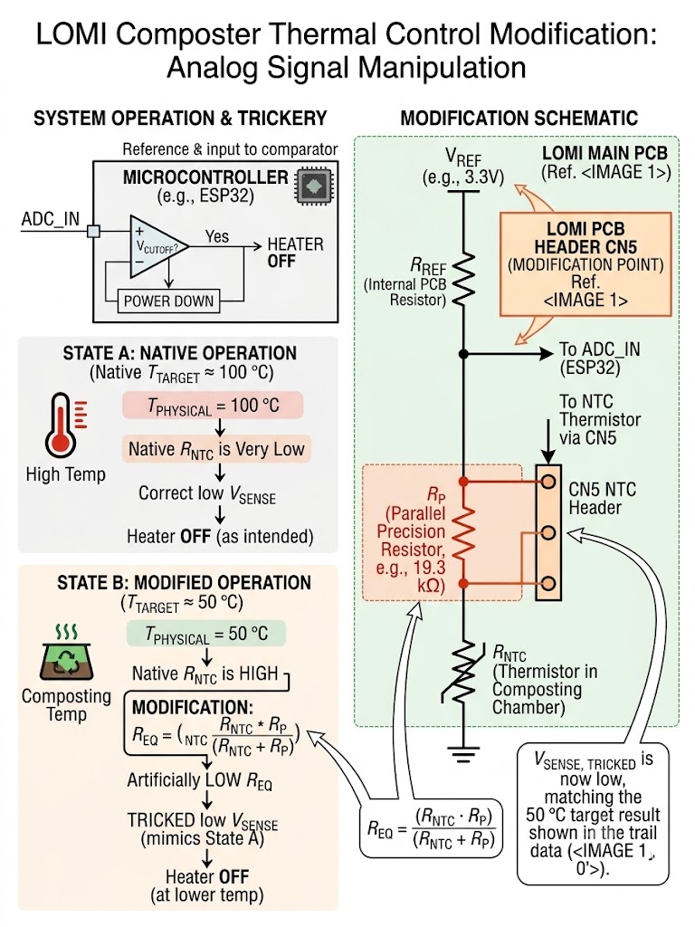 Schematic detailing the voltage divider network manipulation, illustrating how the inserted parallel resistance artificially scales the NTC voltage drop seen by the microcontroller.