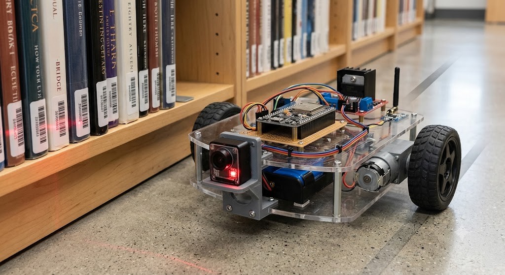 Fully assembled RC platform highlighting the strategic mounting of the barcode scanner for optimal focal length relative to library shelves.